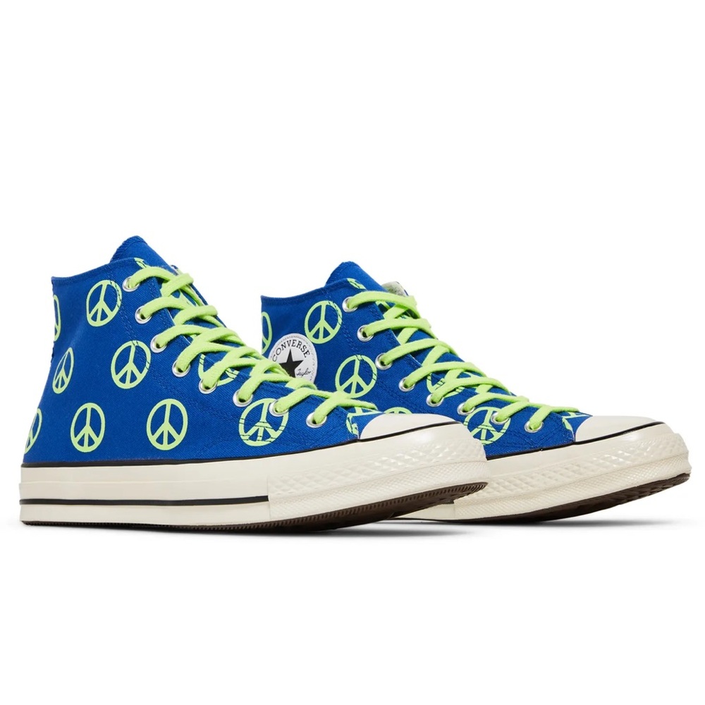 Converse neon green + blue peace sign unisex high tops men’s 8.5 womens 10.5 new